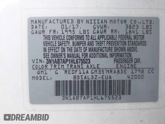 2017 Nissan Sentra SR with VIN 3N1AB7AP1HL675523, listed as a IAAI auction lot 42985946 with 114,433 mi miles and . Bid and sale history available at DreamBid. Image 9.