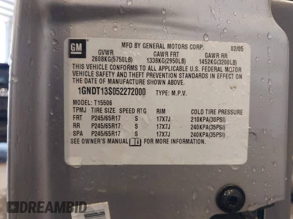 2005 Chevrolet TrailBlazer LS с VIN 1GNDT13S052272000, выставлен на аукционе IAAI как лот 43116530 с пробегом Не указан миль и . История ставок и продаж доступна на DreamBid. Изображение 9.