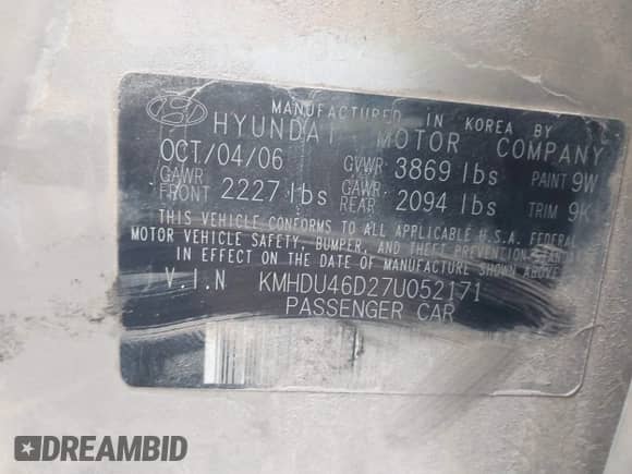 2007 Hyundai Elantra GLS with VIN KMHDU46D27U052171, listed as a IAAI auction lot 43506703 with Not provided miles and . Bid and sale history available at DreamBid. Image 9.