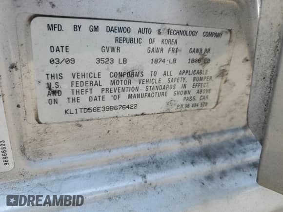 2009 Chevrolet Aveo LS с VIN KL1TD56E39B676422, выставлен на аукционе Copart как лот 65548034 с пробегом 167 709 миль миль и Чистый • Clean title. История ставок и продаж доступна на DreamBid. Изображение 12.