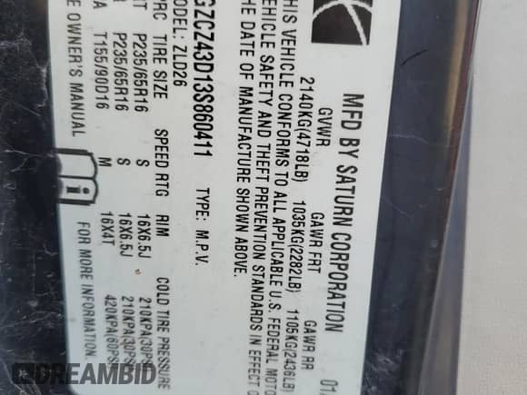 2003 Saturn VUE z VIN 5GZCZ43D13S860411, wystawiony jako Copart lot #78307524 z przebiegiem Nie podano mil oraz Szkoda całkowita • Salvage title. Historia ofert i sprzedaży dostępna na DreamBid. Obrazek 13.