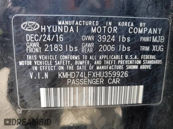 2017 Hyundai Elantra SE with VIN KMHD74LFXHU359926, listed as a Copart auction lot 62874225 with 116,969 mi miles and Salvage title. Bid and sale history available at DreamBid. Image 12.