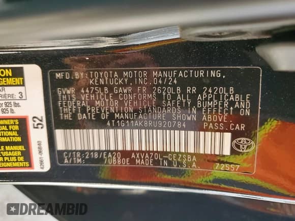 2024 Toyota Camry SE with VIN 4T1G11AK8RU920784, listed as a Copart auction lot 68304445 with 21,437 mi miles and Salvage title. Bid and sale history available at DreamBid. Image 12.