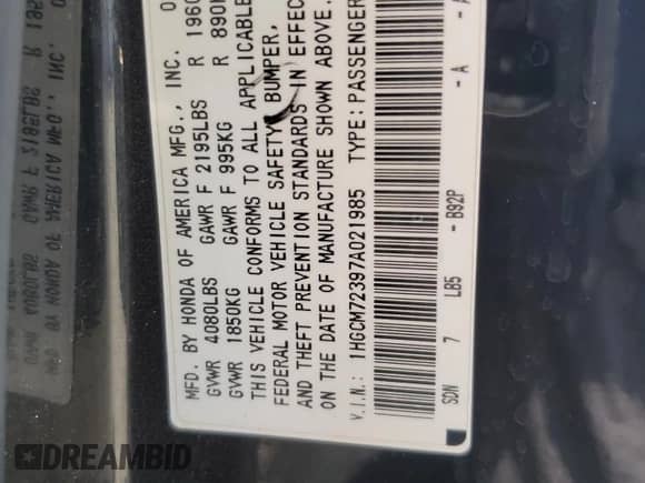 2007 Honda Accord LX z VIN 1HGCM72397A021985, wystawiony jako Copart lot #68681925 z przebiegiem 168 893 mil mil oraz Szkoda całkowita • Salvage title. Historia ofert i sprzedaży dostępna na DreamBid. Obrazek 12.