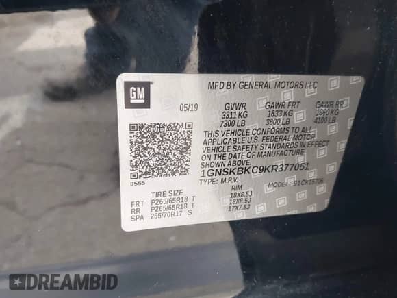 2019 Chevrolet Tahoe LT z VIN 1GNSKBKC9KR377051, wystawiony jako IAAI lot #43081327 z przebiegiem 62 665 mil mil oraz . Historia ofert i sprzedaży dostępna na DreamBid. Obrazek 9.
