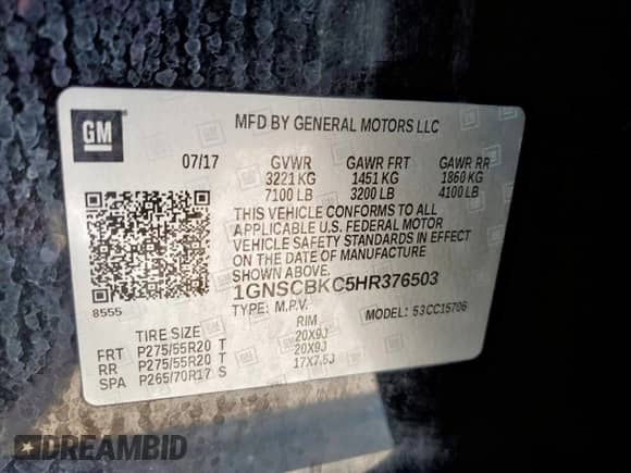 2017 Chevrolet Tahoe LT with VIN 1GNSCBKC5HR376503, listed as a Copart auction lot 68554795 with 157,137 mi miles and Salvage title. Bid and sale history available at DreamBid. Image 14.