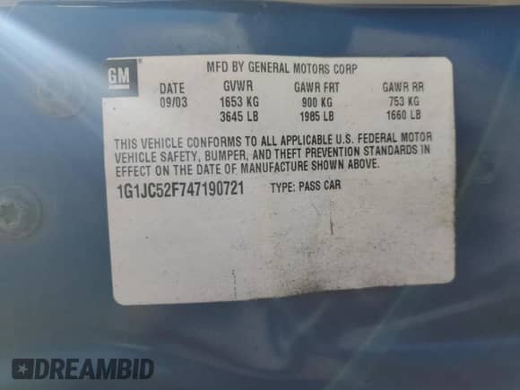 2004 Chevrolet Cavalier with VIN 1G1JC52F747190721, listed as a Copart auction lot 71737895 with 186,180 mi miles and Salvage title. Bid and sale history available at DreamBid. Image 13.