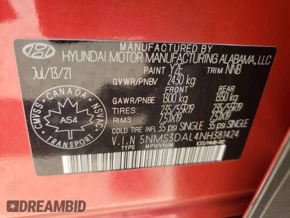 2022 Hyundai Santa Fe with VIN 5NMS3DAL4NH381424, listed as a Copart auction lot 65240115 with 63,091 mi miles and Salvage title. Bid and sale history available at DreamBid. Image 13.