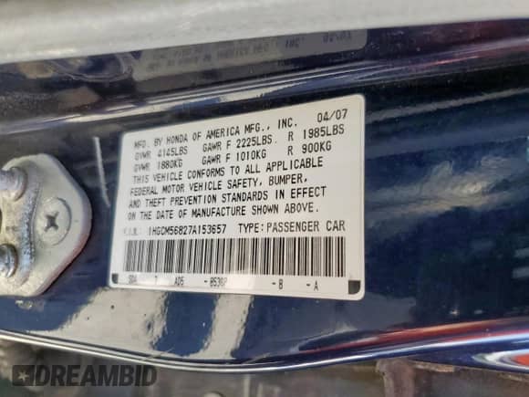 2007 Honda Accord EX-L with VIN 1HGCM56827A153657, listed as a Copart auction lot 81913155 with 147,154 mi miles and Salvage title. Bid and sale history available at DreamBid. Image 12.