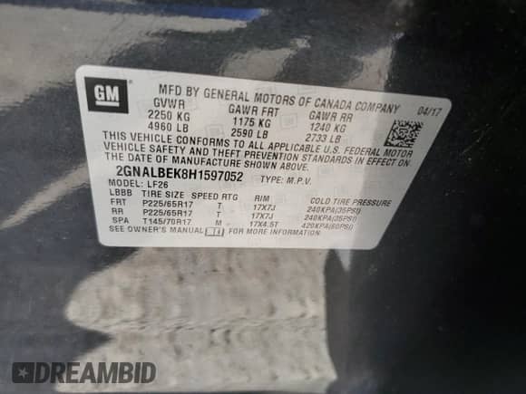 2017 Chevrolet Equinox LS с VIN 2GNALBEK8H1597052, выставлен на аукционе Copart как лот 70927175 с пробегом 45 863 миль миль и Списание • Salvage title. История ставок и продаж доступна на DreamBid. Изображение 14.