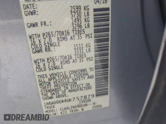 2016 Nissan Frontier S z VIN 1N6AD0ER4GN757879, wystawiony jako IAAI lot #41394850 z przebiegiem 49 117 mil mil oraz . Historia ofert i sprzedaży dostępna na DreamBid. Obrazek 9.