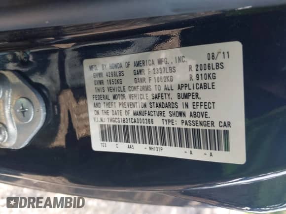 2012 Honda Accord LX-S with VIN 1HGCS1B31CA000366, listed as a IAAI auction lot 42942865 with 168,307 mi miles and . Bid and sale history available at DreamBid. Image 9.