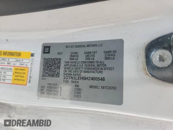 2017 GMC Sierra 1500 with VIN 1GTN1LEH5HZ400548, listed as a Copart auction lot 65251915 with 76,417 mi miles and Salvage title. Bid and sale history available at DreamBid. Image 13.