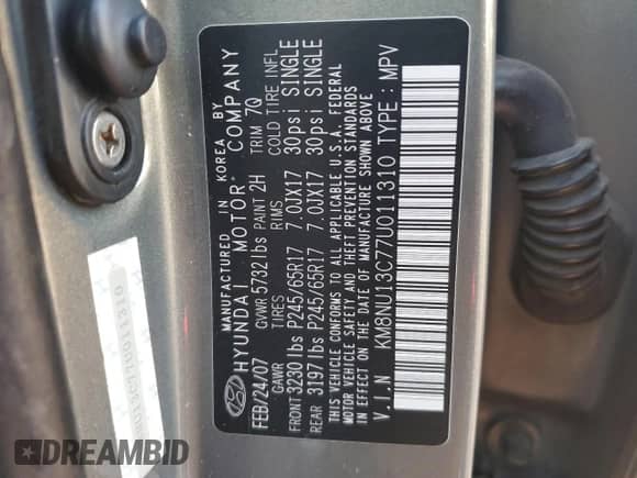 2007 Hyundai Veracruz GLS z VIN KM8NU13C77U011310, wystawiony jako Copart lot #85943724 z przebiegiem 209 428 mil mil oraz Szkoda całkowita • Salvage title. Historia ofert i sprzedaży dostępna na DreamBid. Obrazek 12.