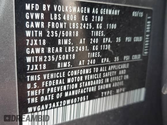 2013 Volkswagen Tiguan SE z VIN WVGAV3AX2DW607051, wystawiony jako Copart lot #44391625 z przebiegiem 61 220 mil mil oraz Szkoda całkowita • Salvage title. Historia ofert i sprzedaży dostępna na DreamBid. Obrazek 15.