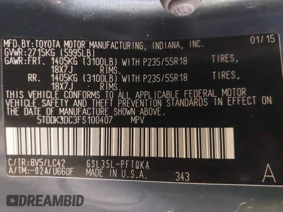 2015 Toyota Sienna Limited with VIN 5TDDK3DC3FS100407, listed as a IAAI auction lot 42208135 with 83,109 mi miles and . Bid and sale history available at DreamBid. Image 9.