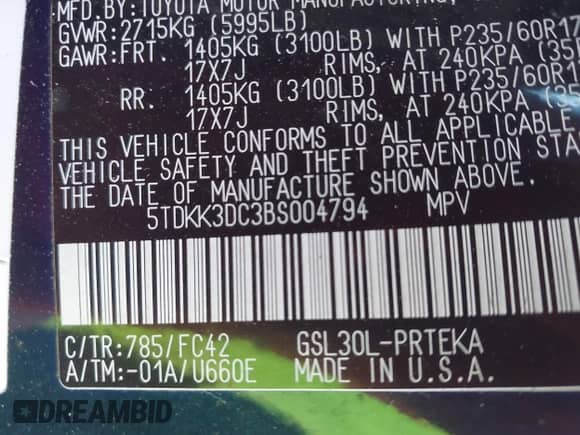 2011 Toyota Sienna LE z VIN 5TDKK3DC3BS004794, wystawiony jako IAAI lot #43460862 z przebiegiem 217 500 mil mil oraz . Historia ofert i sprzedaży dostępna na DreamBid. Obrazek 9.