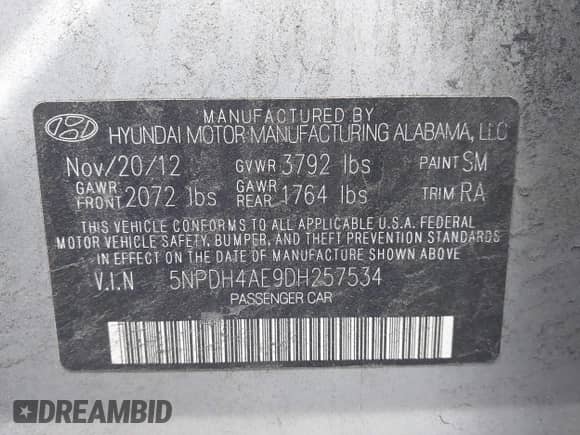 2013 Hyundai Elantra GLS with VIN 5NPDH4AE9DH257534, listed as a IAAI auction lot 43567843 with 151,960 mi miles and . Bid and sale history available at DreamBid. Image 9.