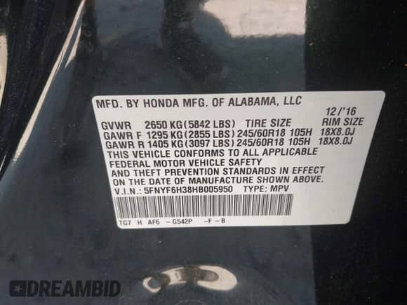 2017 Honda Pilot EX with VIN 5FNYF6H38HB005950, listed as a IAAI auction lot 42757387 with 133,333 mi miles and . Bid and sale history available at DreamBid. Image 9.