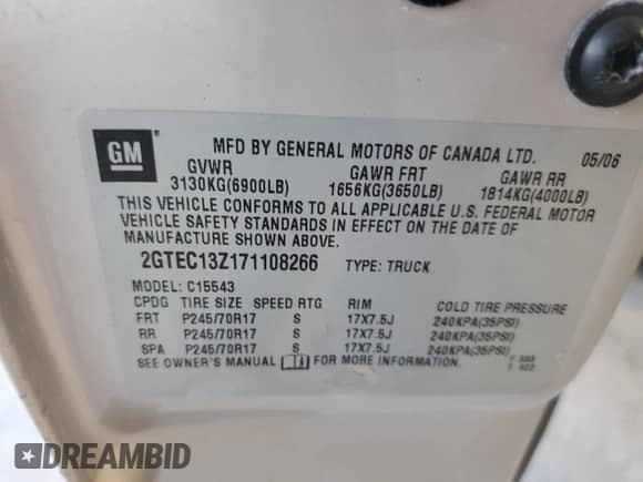 2007 GMC Sierra 1500 SLE1 with VIN 2GTEC13Z171108266, listed as a Copart auction lot 70427814 with 110,297 mi miles and Salvage title. Bid and sale history available at DreamBid. Image 15.