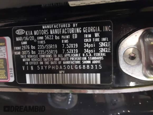 2020 Kia Sorento EX with VIN 5XYPHDA50LG688315, listed as a IAAI auction lot 42366591 with 53,134 mi miles and . Bid and sale history available at DreamBid. Image 9.