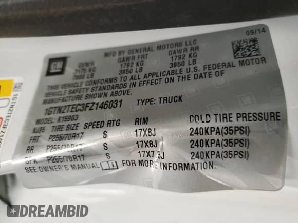 2015 GMC Sierra 1500 с VIN 1GTN2TEC3FZ146031, выставлен на аукционе Copart как лот 81967844 с пробегом 49 515 миль миль и Списание • Salvage title. История ставок и продаж доступна на DreamBid. Изображение 14.