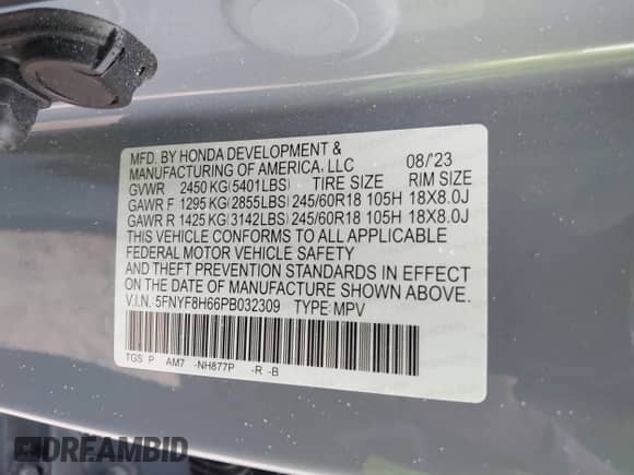 2023 Honda Passport TrailSport с VIN 5FNYF8H66PB032309, выставлен на аукционе IAAI как лот 41955503 с пробегом 29 278 миль миль и . История ставок и продаж доступна на DreamBid. Изображение 9.