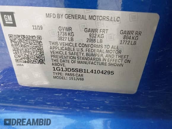 2020 Chevrolet Sonic LT with VIN 1G1JD5SB1L4104295, listed as a IAAI auction lot 43033588 with 83,954 mi miles and . Bid and sale history available at DreamBid. Image 9.