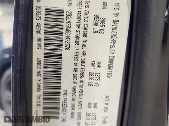 2006 Dodge Charger SRT-8 с VIN 2B3LA73W86H472570, выставлен на аукционе Copart как лот 71622825 с пробегом 147 605 миль миль и Списание • Salvage title. История ставок и продаж доступна на DreamBid. Изображение 13.