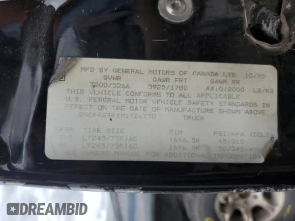 1991 Chevrolet Silverado 2500 with VIN 2GCFK29KXM1126770, listed as a Copart auction lot 80339985 with 293,080 mi miles and Salvage title. Bid and sale history available at DreamBid. Image 12.