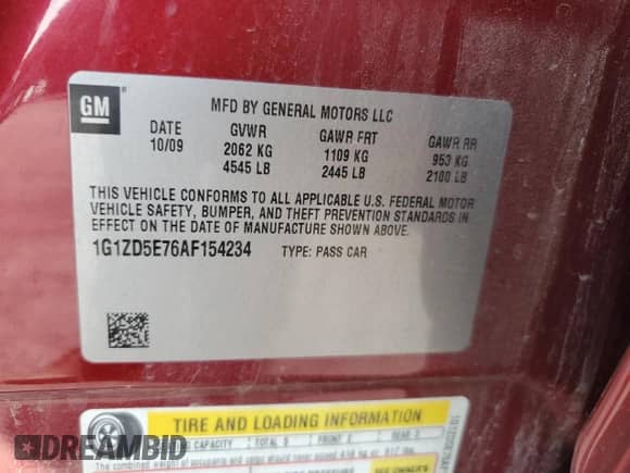 2010 Chevrolet Malibu 2LT with VIN 1G1ZD5E76AF154234, listed as a Copart auction lot 68341475 with 96,718 mi miles and Salvage title. Bid and sale history available at DreamBid. Image 12.