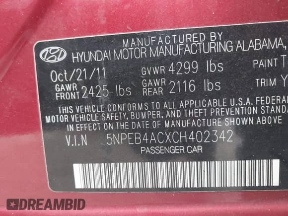 2012 Hyundai Sonata GLS z VIN 5NPEB4ACXCH402342, wystawiony jako IAAI lot #43428038 z przebiegiem 179 812 mil mil oraz . Historia ofert i sprzedaży dostępna na DreamBid. Obrazek 9.