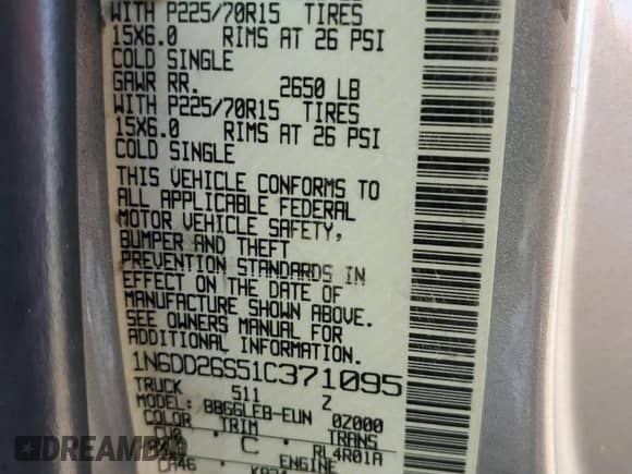 2001 Nissan Frontier XE with VIN 1N6DD26S51C371095, listed as a Copart auction lot 64691975 with 203,794 mi miles and Clean title. Bid and sale history available at DreamBid. Image 12.