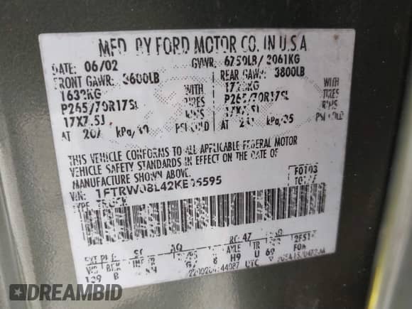 2002 Ford F-150 XLT с VIN 1FTRW08L42KE05595, выставлен на аукционе IAAI как лот 41486251 с пробегом Не указан миль и . История ставок и продаж доступна на DreamBid. Изображение 9.