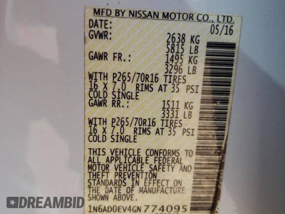 2016 Nissan Frontier S with VIN 1N6AD0EV4GN774095, listed as a Copart auction lot 51939555 with 218,471 mi miles and Salvage title. Bid and sale history available at DreamBid. Image 12.