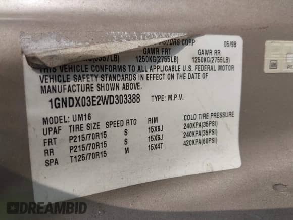 1998 Chevrolet Venture с VIN 1GNDX03E2WD303388, выставлен на аукционе IAAI как лот 43122204 с пробегом 289 932 миль миль и . История ставок и продаж доступна на DreamBid. Изображение 9.