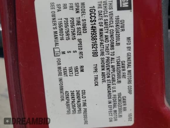 2003 Chevrolet S-10 LS с VIN 1GCCS14H938162180, выставлен на аукционе Copart как лот 52180194 с пробегом Не указан миль и Списание • Salvage title. История ставок и продаж доступна на DreamBid. Изображение 12.