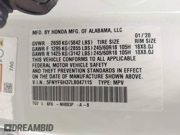 2020 Honda Pilot EX z VIN 5FNYF6H37LB047115, wystawiony jako IAAI lot #42833904 z przebiegiem 77 857 mil mil oraz . Historia ofert i sprzedaży dostępna na DreamBid. Obrazek 9.