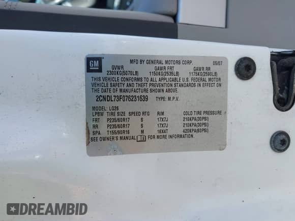 2007 Chevrolet Equinox LT z VIN 2CNDL73F076231639, wystawiony jako IAAI lot #42823301 z przebiegiem 146 117 mil mil oraz . Historia ofert i sprzedaży dostępna na DreamBid. Obrazek 9.