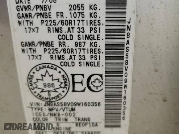 2009 Nissan Rogue S with VIN JN8AS58V09W160356, listed as a Copart auction lot 85644535 with 221,278 mi miles and Salvage title. Bid and sale history available at DreamBid. Image 14.