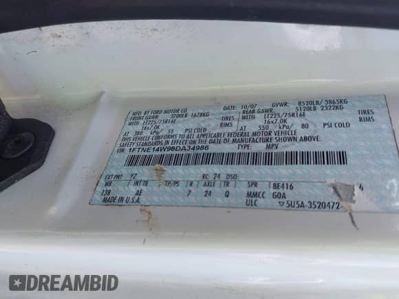 2008 Ford Econoline Cargo Commercial with VIN 1FTNE14W98DA34986, listed as a IAAI auction lot 42216226 with 310,474 mi miles and . Bid and sale history available at DreamBid. Image 9.