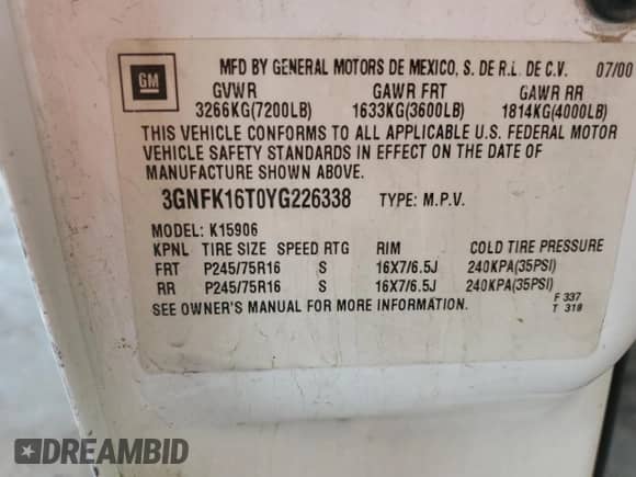 2000 Chevrolet Suburban LT с VIN 3GNFK16T0YG226338, выставлен на аукционе Copart как лот 55692985 с пробегом Не указан миль и Чистый • Clean title. История ставок и продаж доступна на DreamBid. Изображение 12.