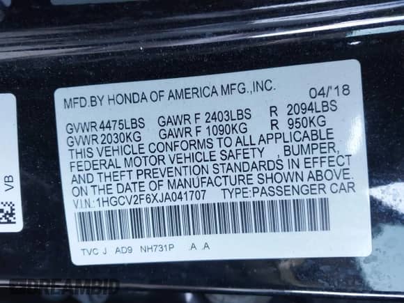 2018 Honda Accord EX-L with VIN 1HGCV2F6XJA041707, listed as a IAAI auction lot 41317282 with 112,990 mi miles and . Bid and sale history available at DreamBid. Image 9.