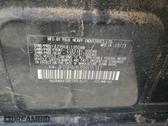 2013 Subaru Impreza Premium with VIN JF1GPAC67DH835347, listed as a Copart auction lot 80171995 with Not provided miles and Salvage title. Bid and sale history available at DreamBid. Image 13.