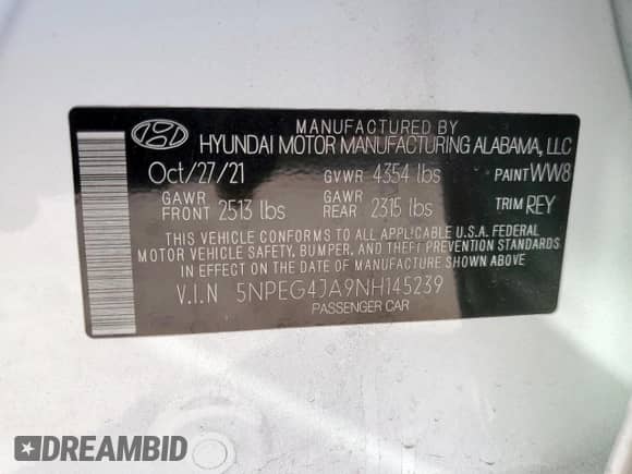 2022 Hyundai Sonata SE with VIN 5NPEG4JA9NH145239, listed as a Copart auction lot 80451715 with 48,921 mi miles and Salvage title. Bid and sale history available at DreamBid. Image 12.