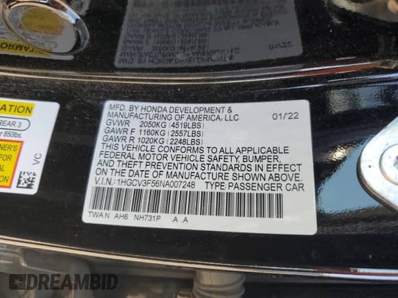 2022 Honda Accord EX-L with VIN 1HGCV3F56NA007248, listed as a Copart auction lot 72014185 with 94,977 mi miles and Salvage title. Bid and sale history available at DreamBid. Image 12.