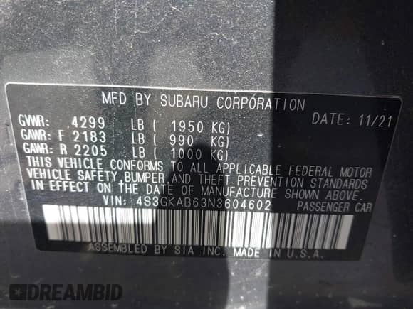 2022 Subaru Impreza с VIN 4S3GKAB63N3604602, выставлен на аукционе IAAI как лот 42730371 с пробегом 33 959 миль миль и . История ставок и продаж доступна на DreamBid. Изображение 9.