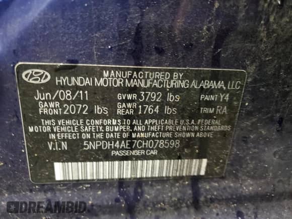 2012 Hyundai Elantra Limited with VIN 5NPDH4AE7CH078598, listed as a Copart auction lot 80347435 with 148,568 mi miles and Non repairable. Bid and sale history available at DreamBid. Image 13.