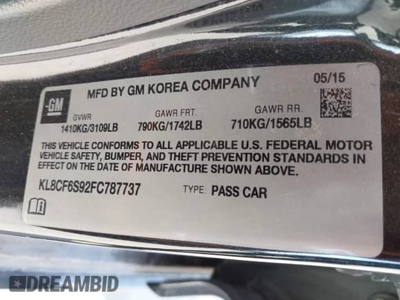 2015 Chevrolet Spark LT z VIN KL8CF6S92FC787737, wystawiony jako IAAI lot #43249474 z przebiegiem 69 395 mil mil oraz . Historia ofert i sprzedaży dostępna na DreamBid. Obrazek 9.