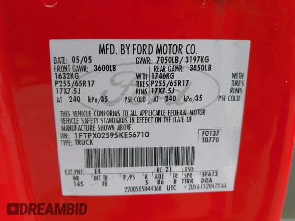 2005 Ford F-150 XLT z VIN 1FTPX02595KE56710, wystawiony jako IAAI lot #43328682 z przebiegiem 187 423 mil mil oraz . Historia ofert i sprzedaży dostępna na DreamBid. Obrazek 9.